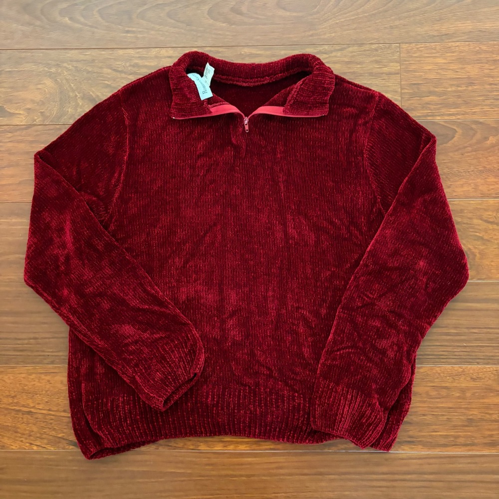 Robert Scott Women XL Burgundy Red Chenille Sweater 1/4 Zip Vintage 90s Knit